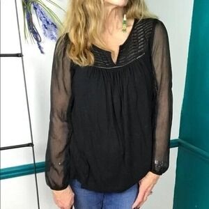 LUCKY BRAND Women Sheer Sleeves Bodice Blouse Sz M Black Everyday Romance 50-3